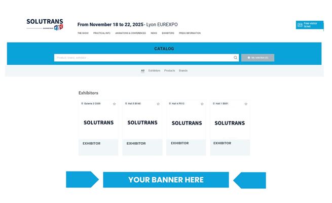 English version of screen capture of the SOLUTRANS site exhibitor catalogue with a placement indication for a customer banner