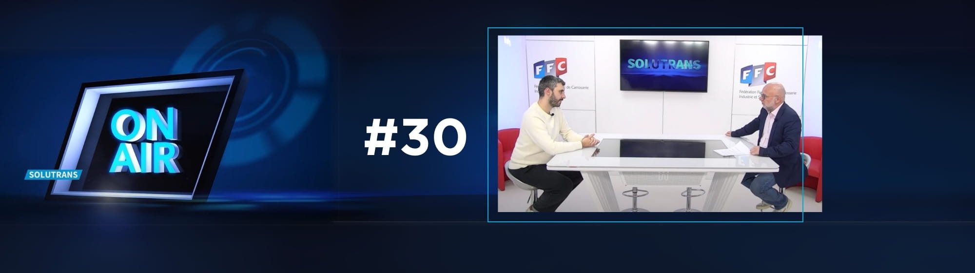 SOLUTRANS OnAir 30 banner with graphic elements and a screenshot of the interview between Hervé Rébillon and Clément Molizon
