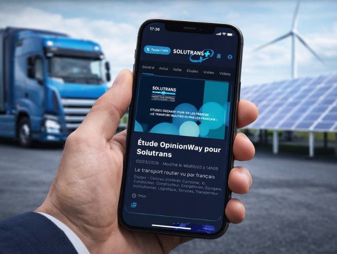 Presentation of the Solutrans Plus app featuring a truck