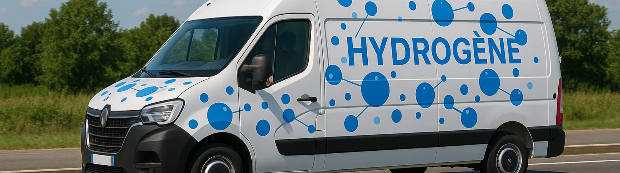 Image générée par IA d'une camionnette blanche fonctionnant à l'hydrogène avec un lettrage et un graphique représentant l'hydrogène