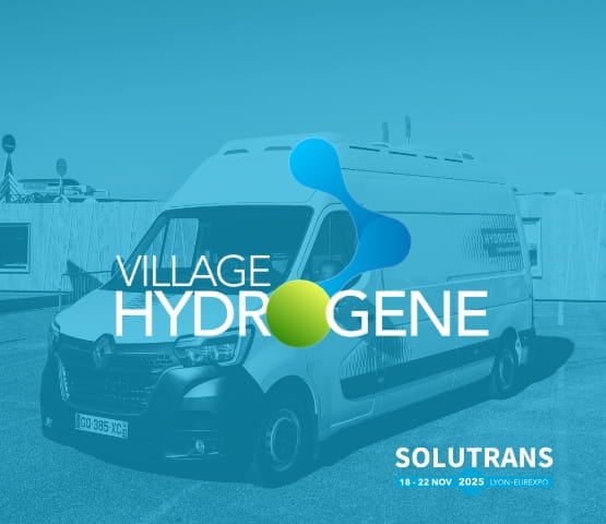 Blue picture with Hyrgrogen area and SOLUTRANS of  White hydrogen-powered van at an outdoor exhibition