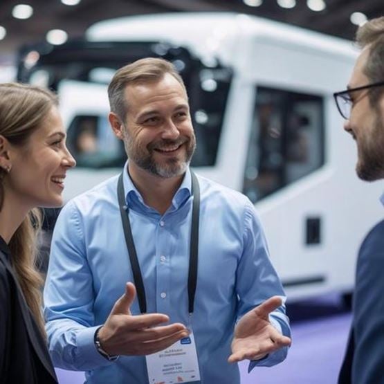 Trois professionnels échangent avec le sourire lors d’un salon dédié aux véhicules utilitaires.