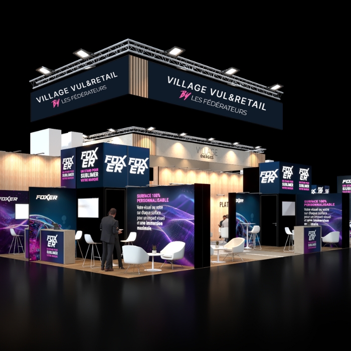 3D booth of Village VUL & Retail at Solutrans exhibition, with light signage and display area