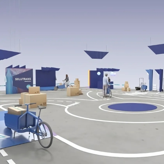 3D simulation of a Solutrans exhibition area dedicated to cargo bikes and urban logistics