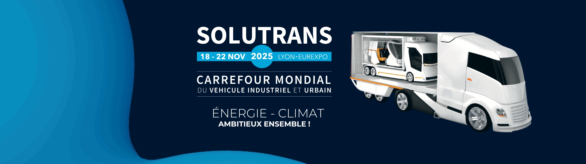 Image d'un camion en format bannière avec infographie comprenant le logo SOLUTRANS et des informations thématiques