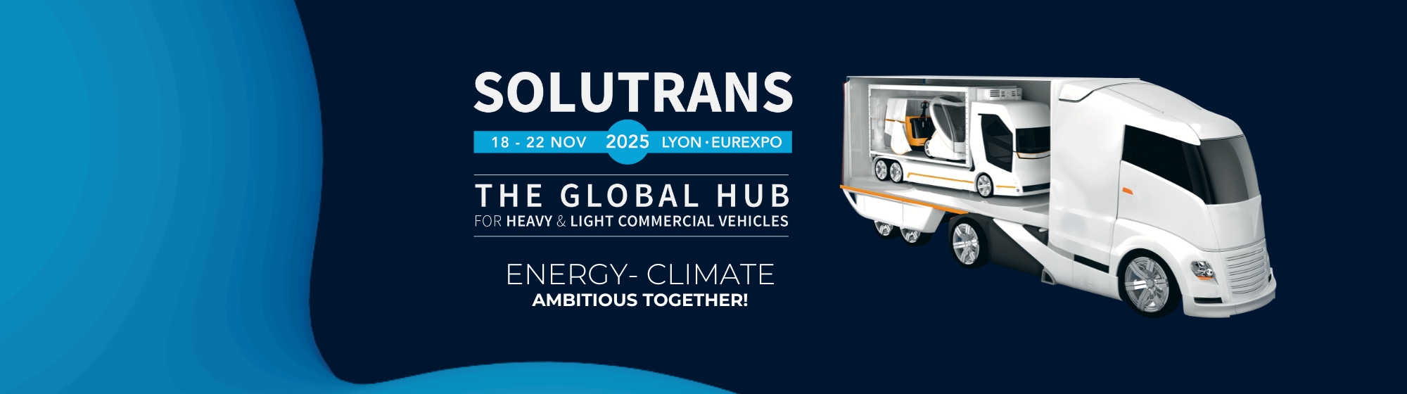 Image of a truck in banner format with computer graphics including the SOLUTRANS logo and thematic information.