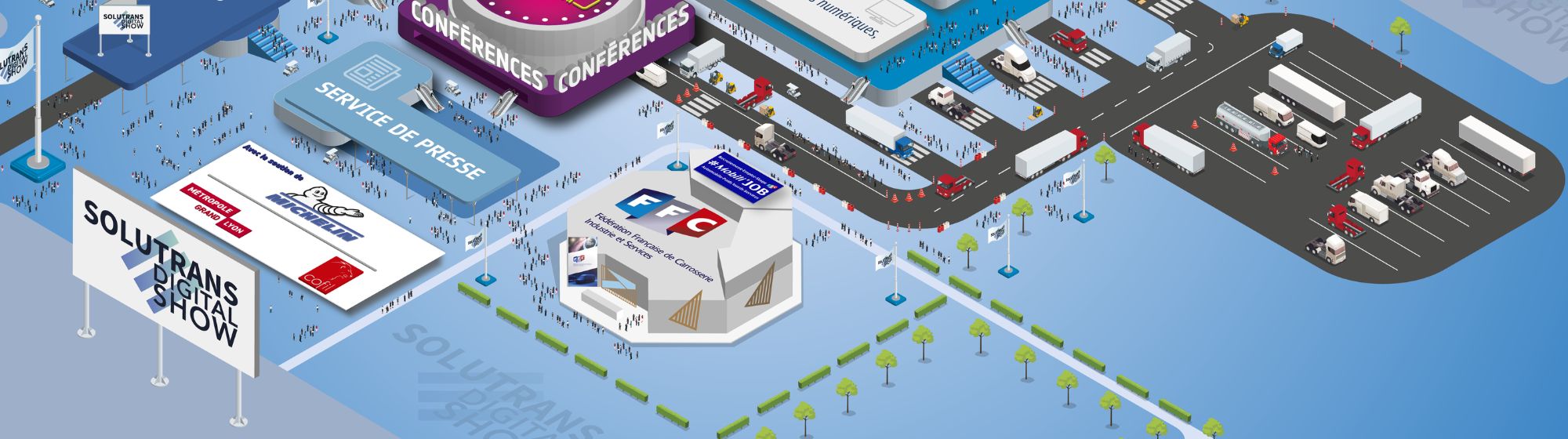 Plan isométrique et numérique d'un salon professionnel de camions